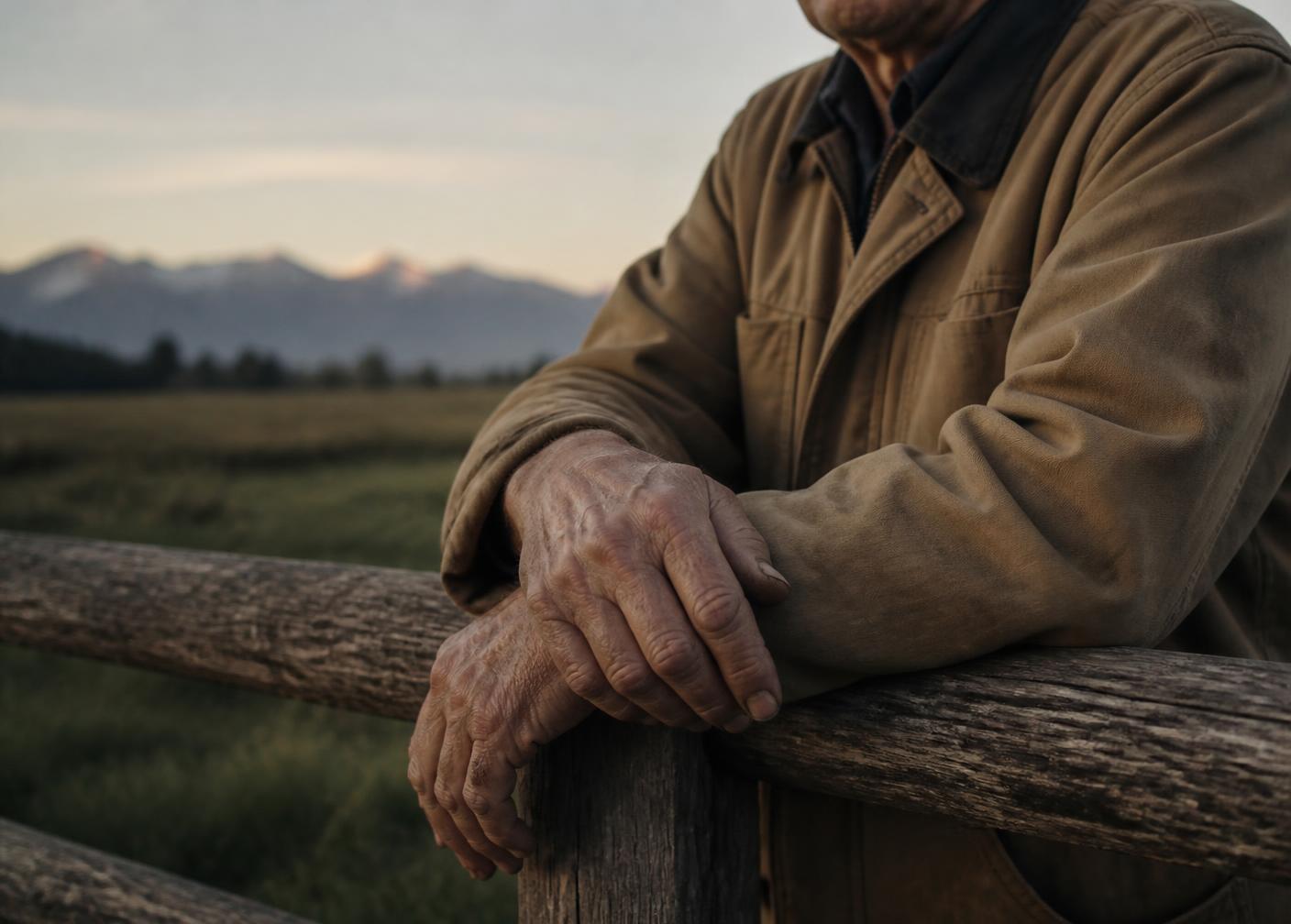 A grower's hands resting on a weathered fence rail at dawn