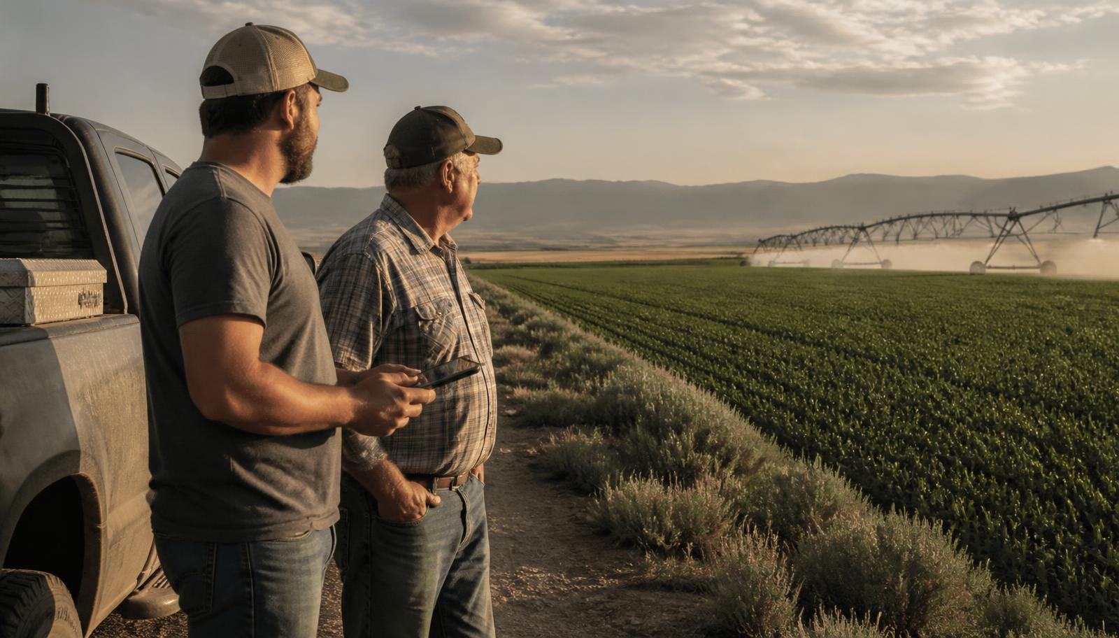Two growers standing beside a pickup at the edge of an irrigated field, one holding a tablet as they look across the crop