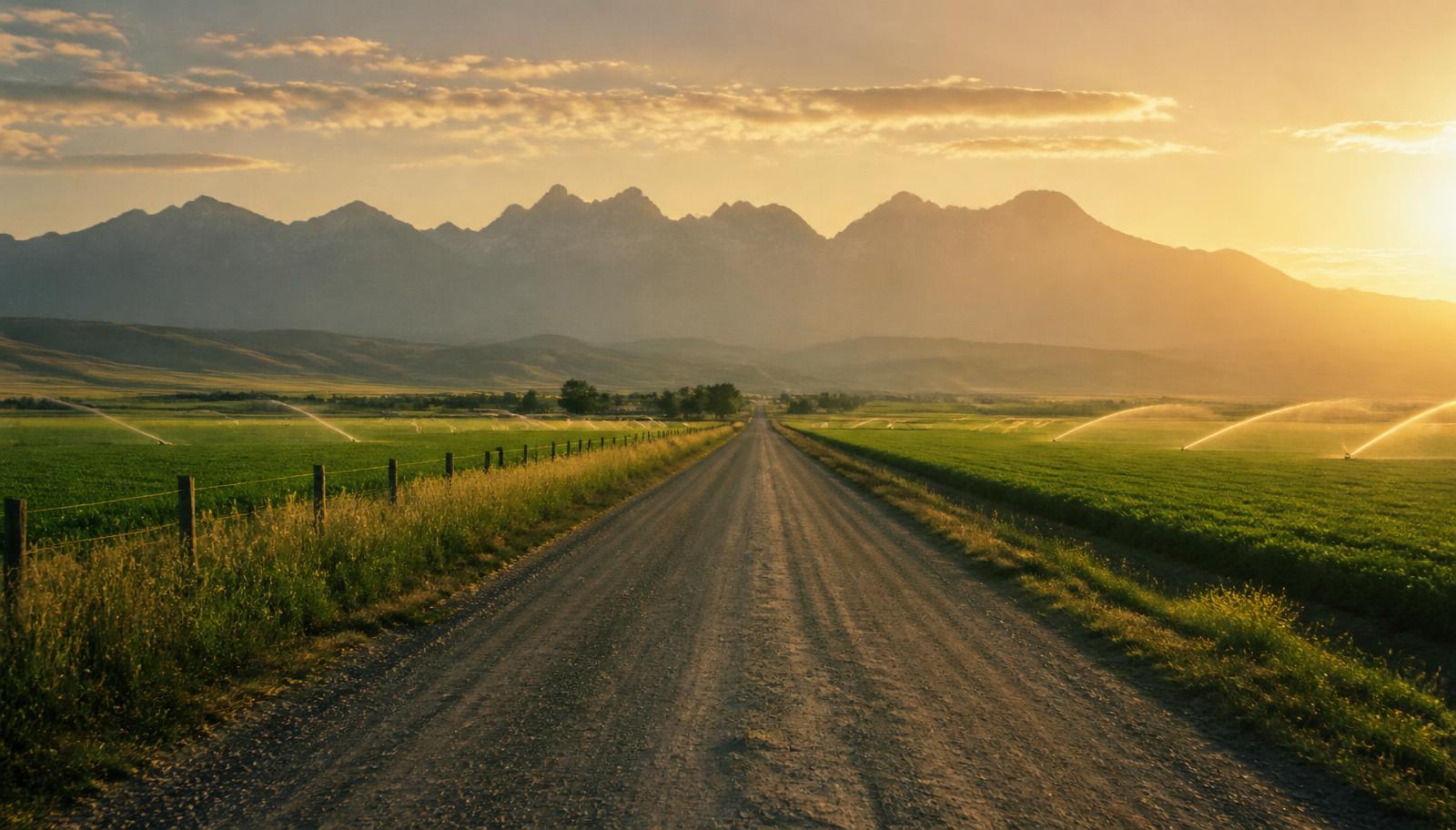 A gravel farm road running toward the mountains at sunrise, irrigated fields on both sides