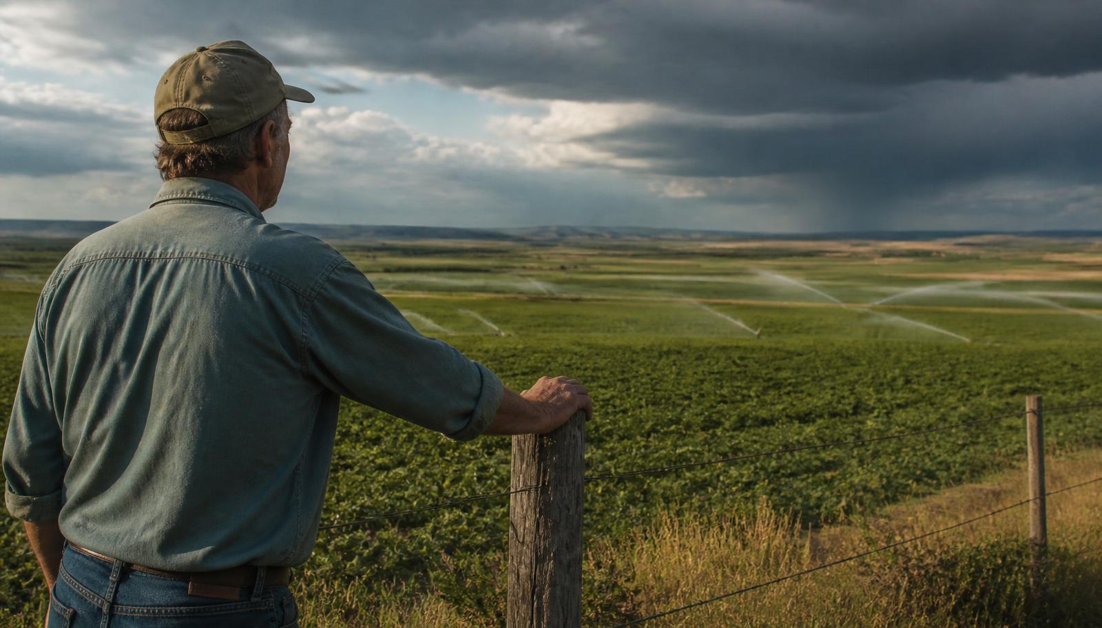 A grower resting a hand on a fence post, watching a storm build over irrigated Idaho fields
