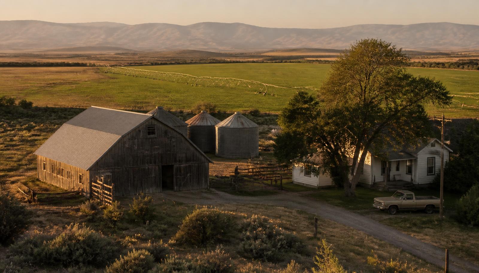 A family farmstead in an Idaho valley at evening — weathered barn, grain bins and farmhouse beside irrigated fields