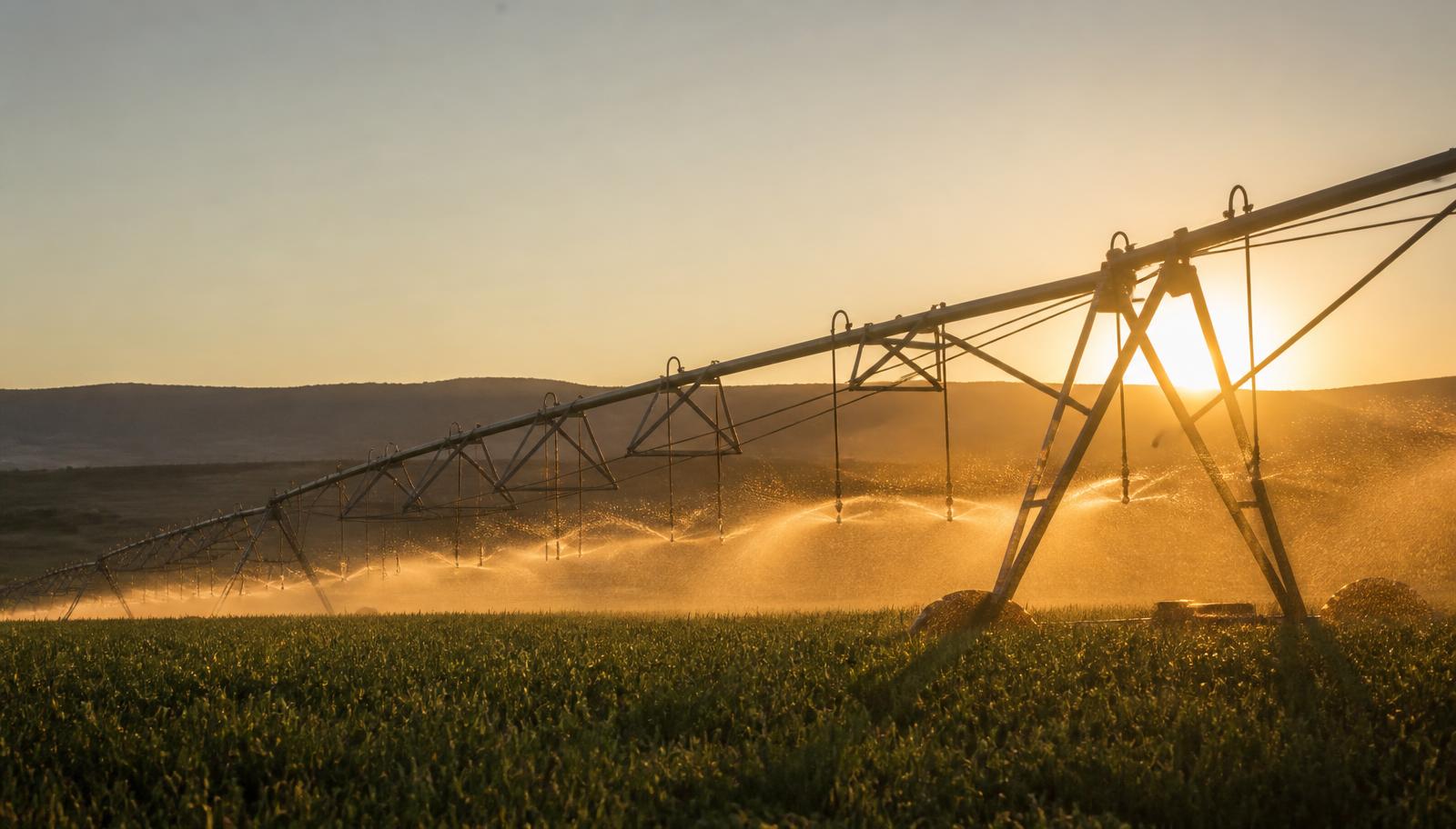 Center pivot irrigation spraying water across a green Idaho field at golden hour